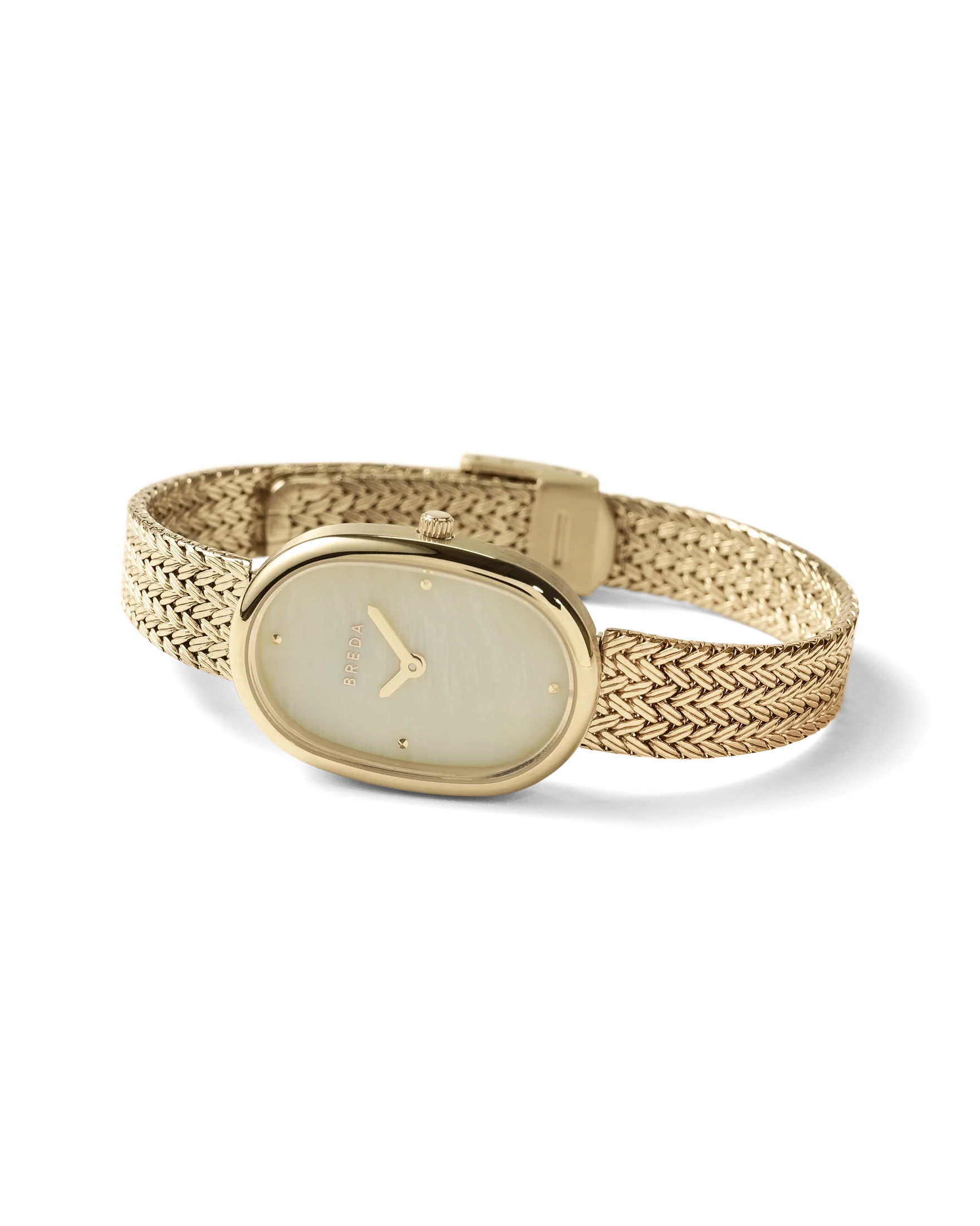 textured gold watch with pearl face