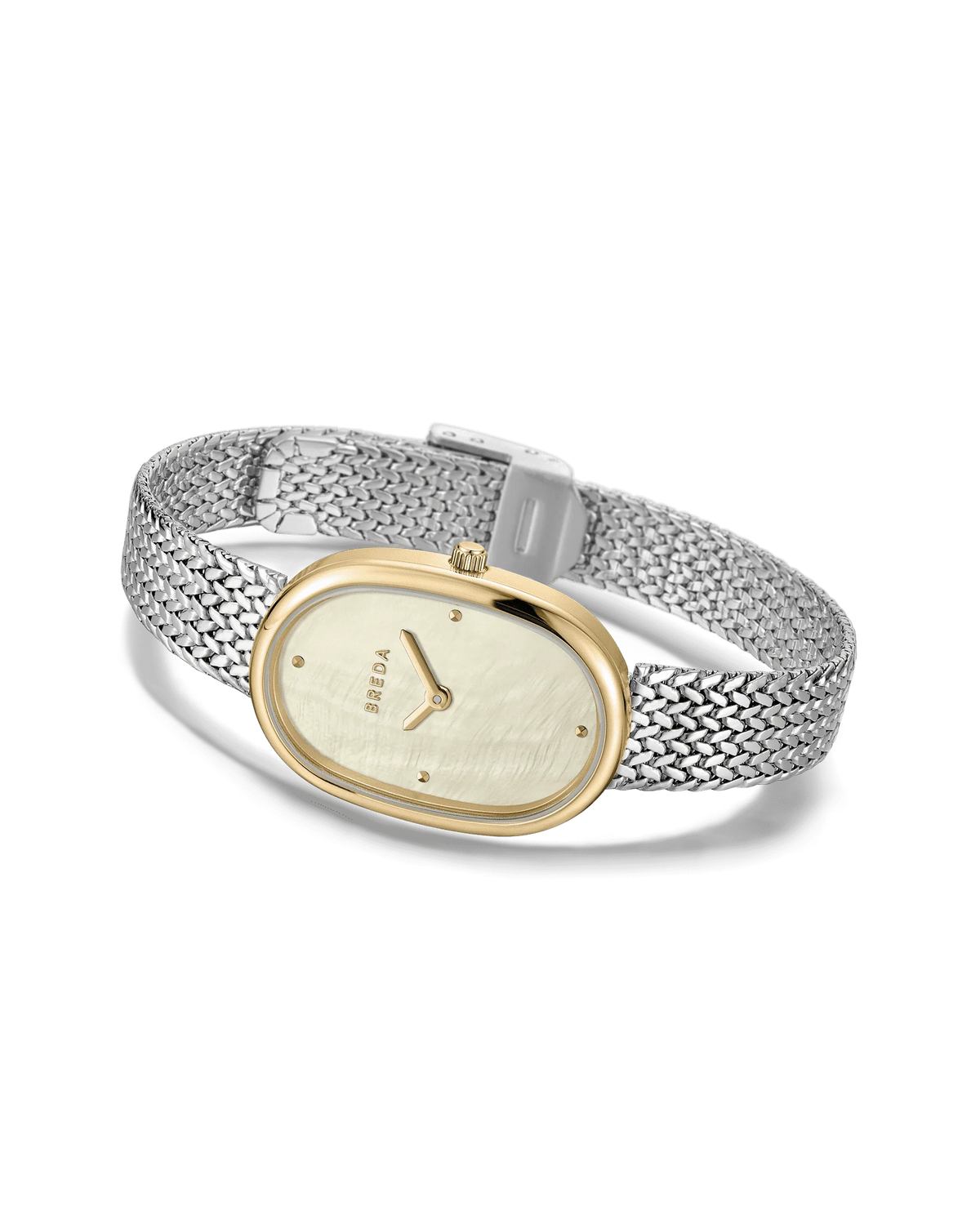 watch with silver band and gold face