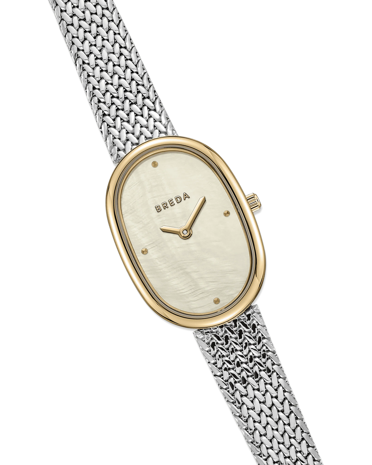 watch with silver band and gold face
