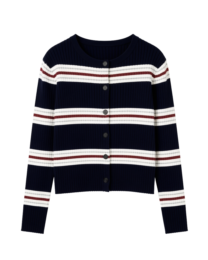 navy, white and red striped cardigan