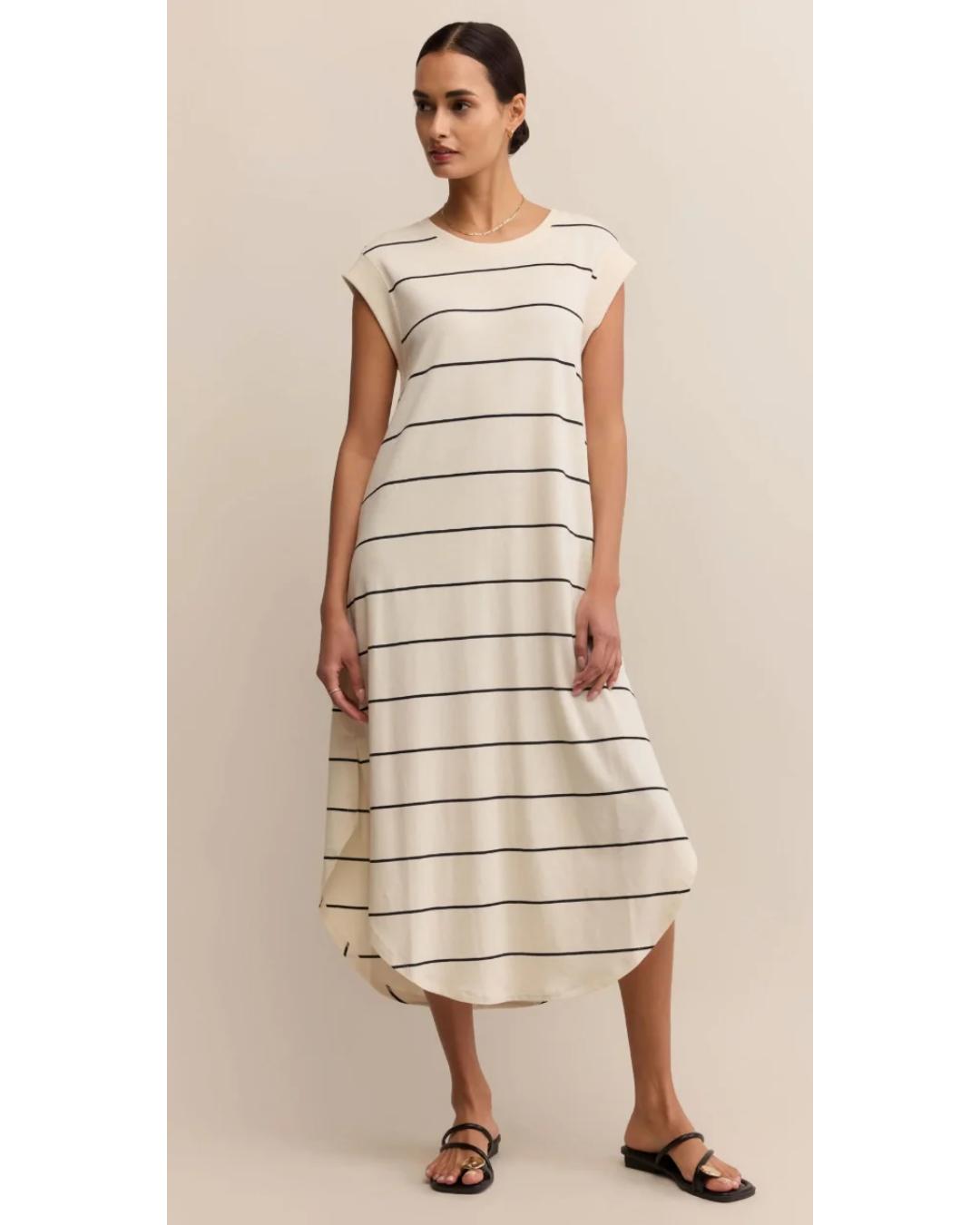 midi dress in cream with black stripes