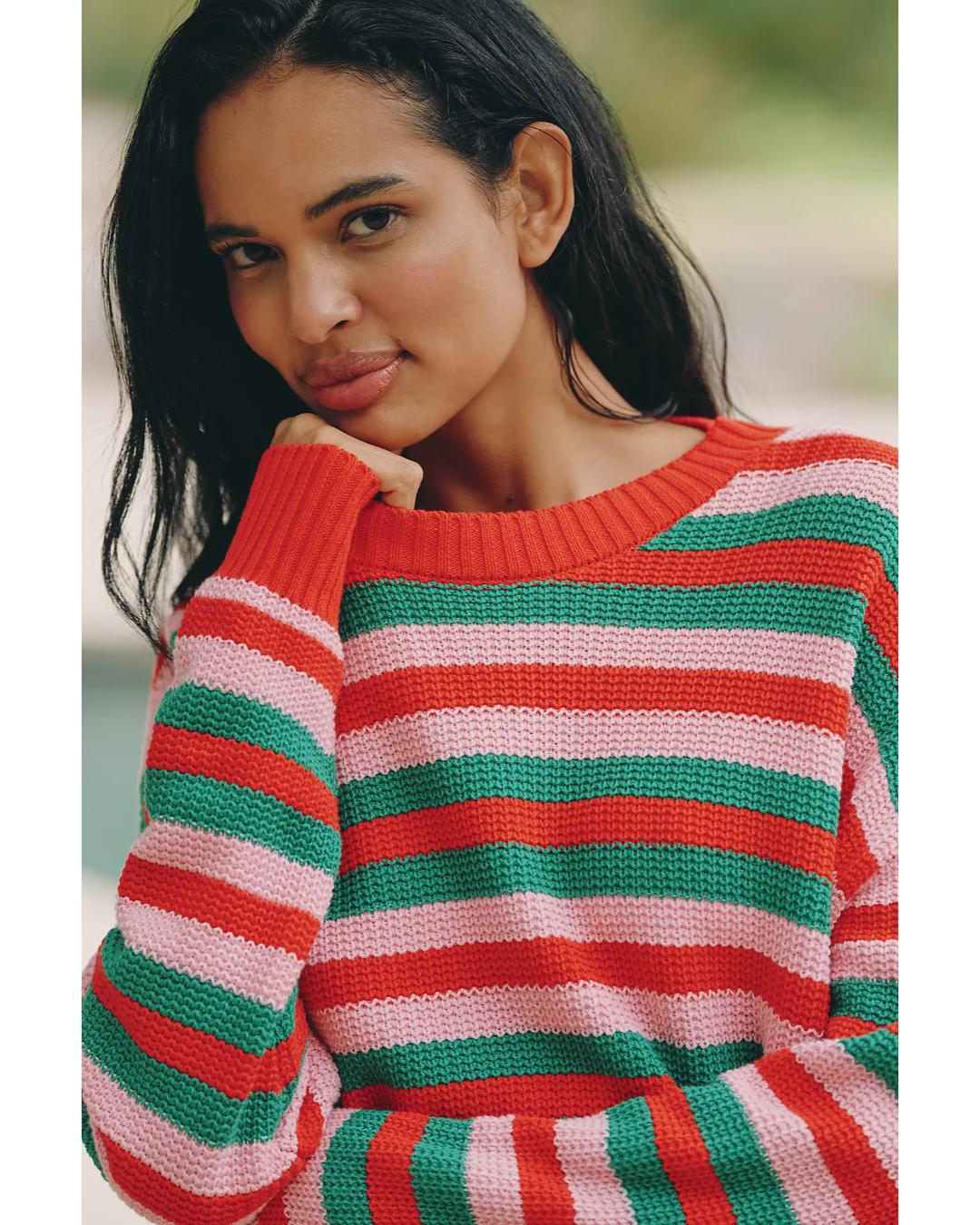 striped sweater in prink, red and green