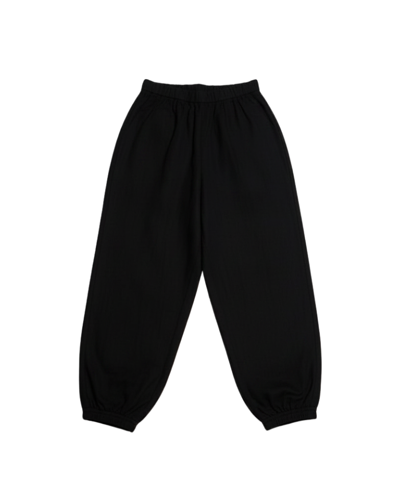 black linen pant which gathers at ankle