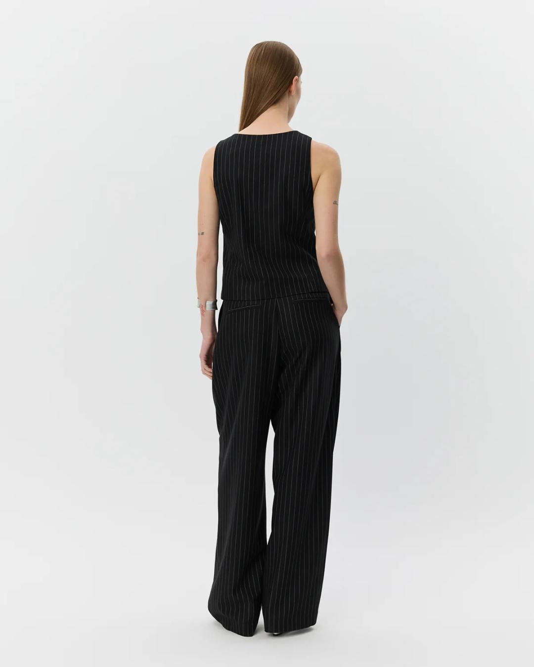 black wide leg suiting pants with white stripe