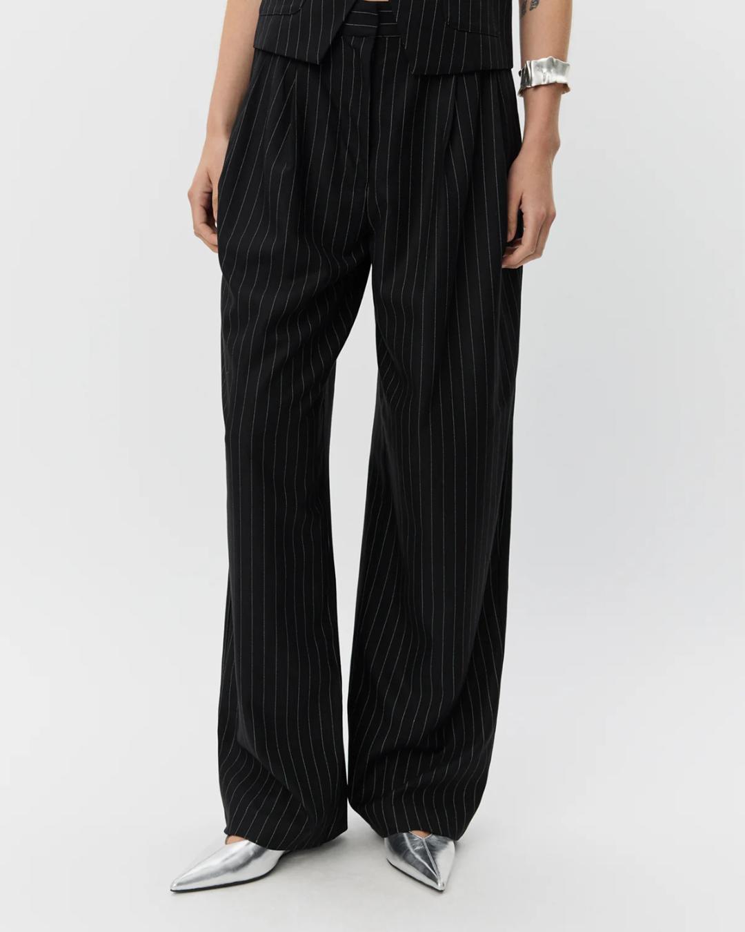 black wide leg suiting pants with white stripe