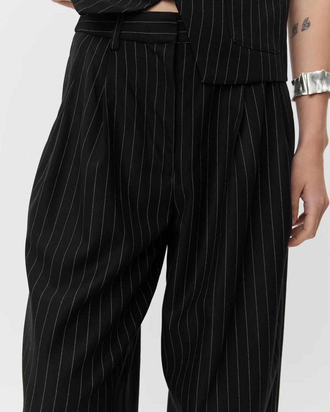 black wide leg suiting pants with white stripe