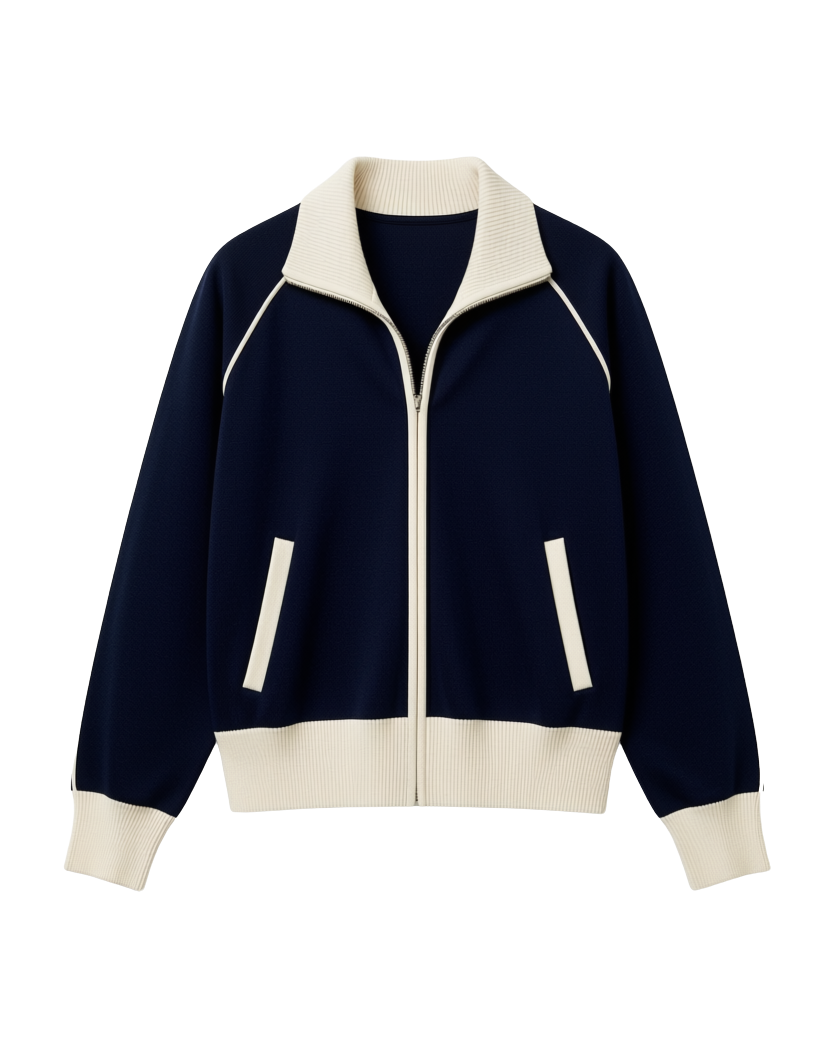 navy and ivory knit track jacket