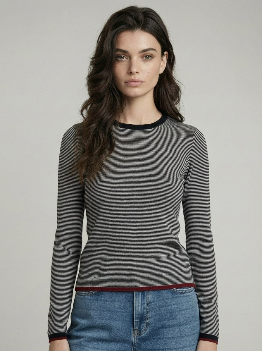 long sleeve navy stripe top with burgundy trim
