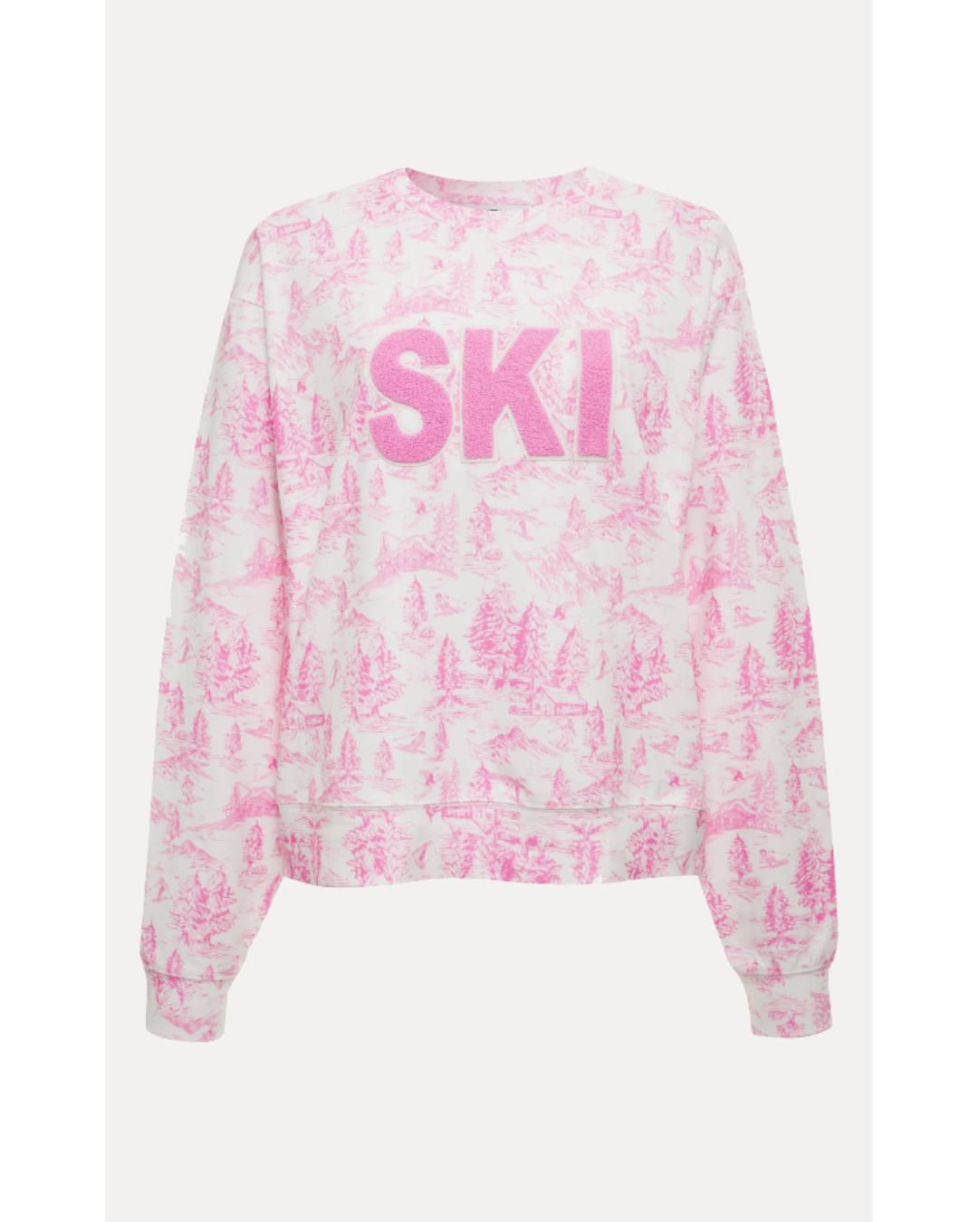pink sweatshirt that says SKI
