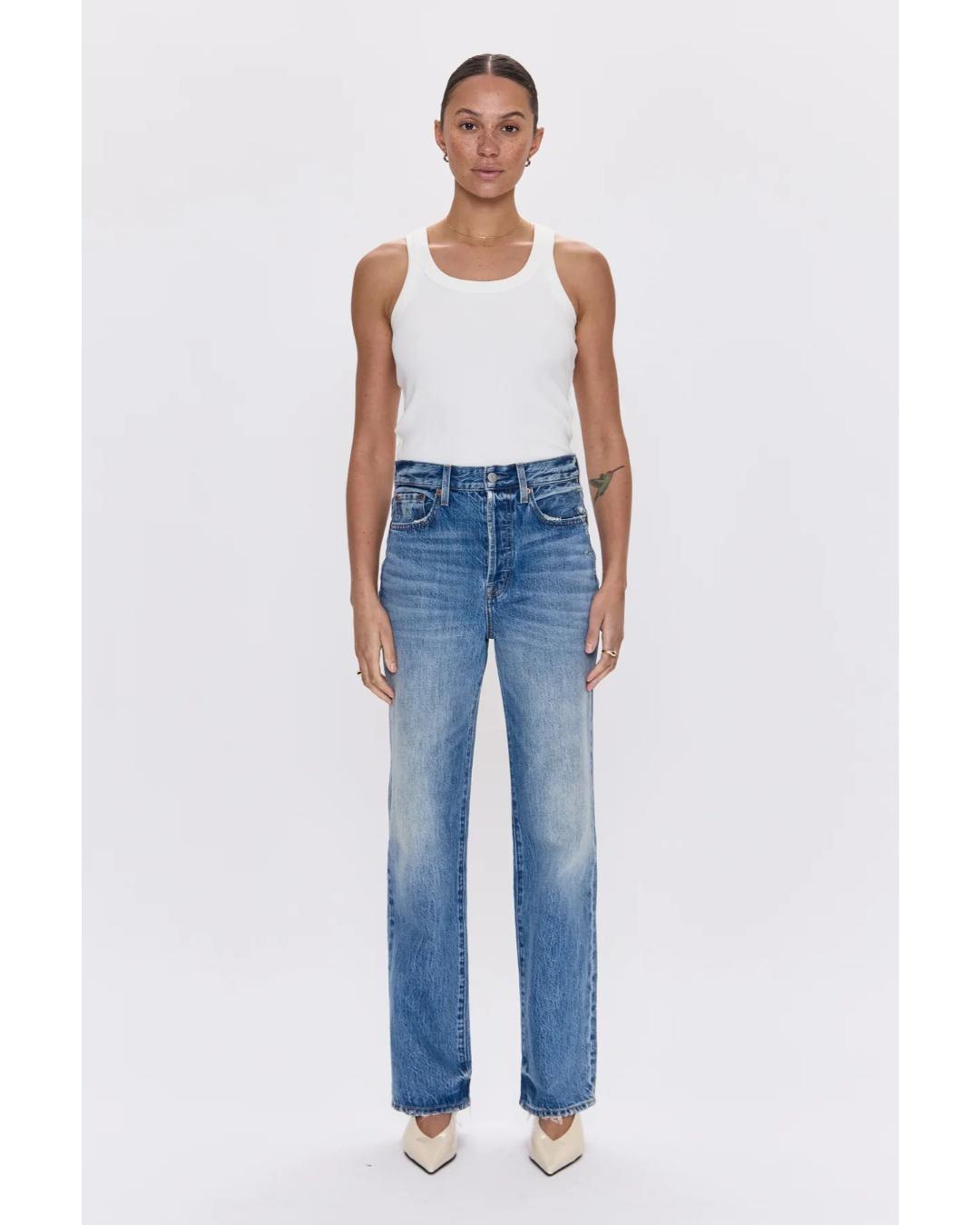 high rise denim pant with straight leg