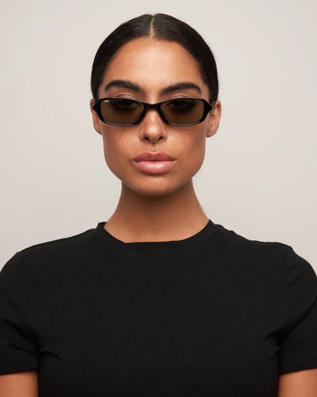 rectangular black sunglasses with grey lenses