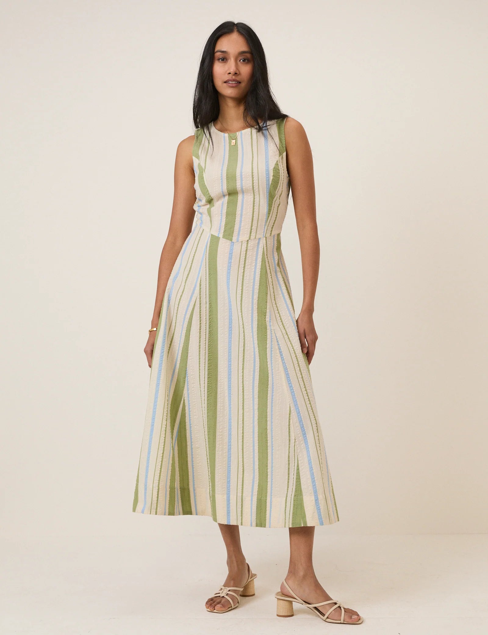 striped cream and green midi dress
