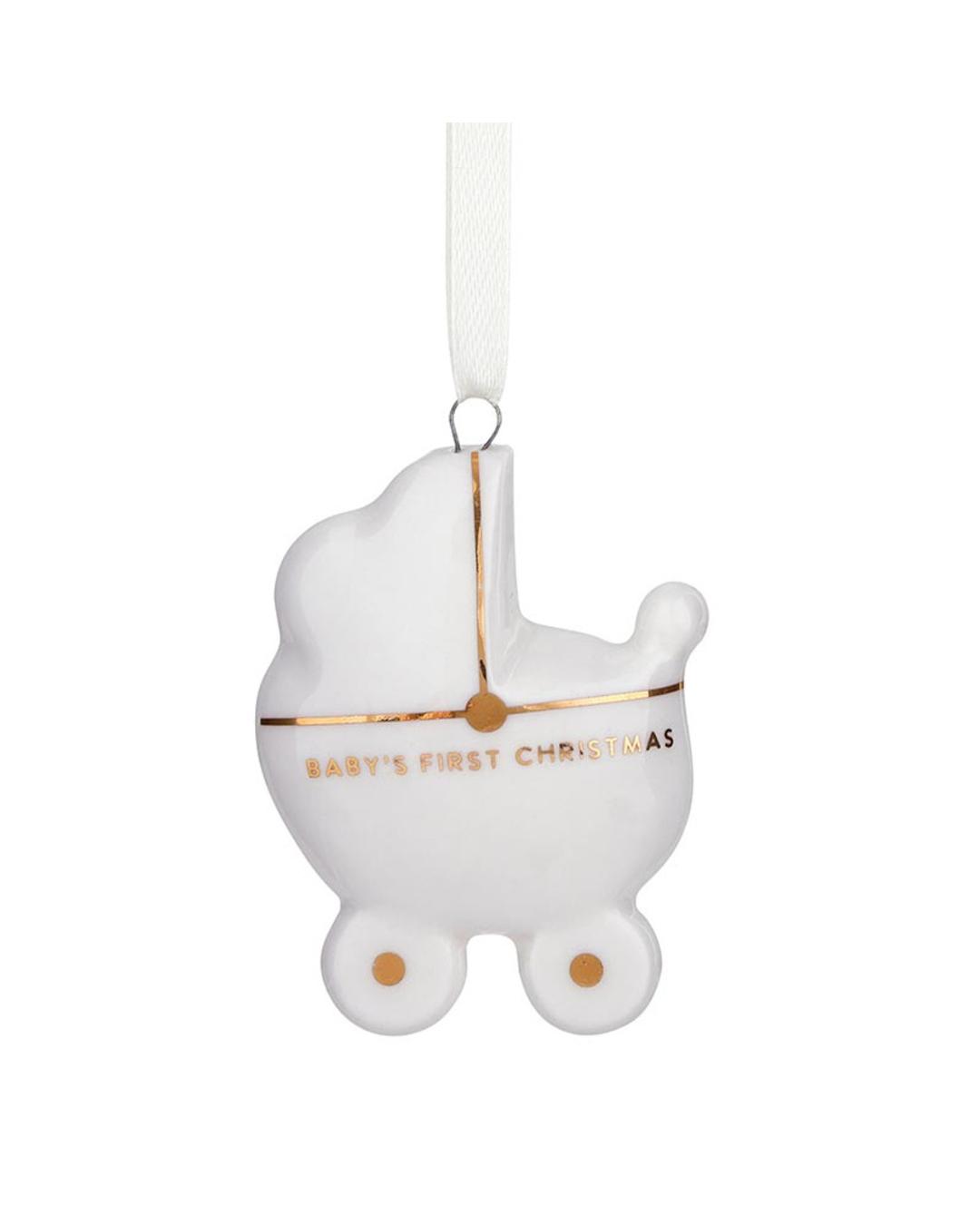 White baby carriage ornament with 'Baby's First Christmas' text