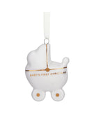 White baby carriage ornament with 'Baby's First Christmas' text