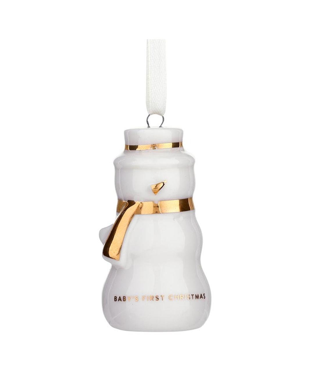 snowman ornament with baby's first christmas on it in text