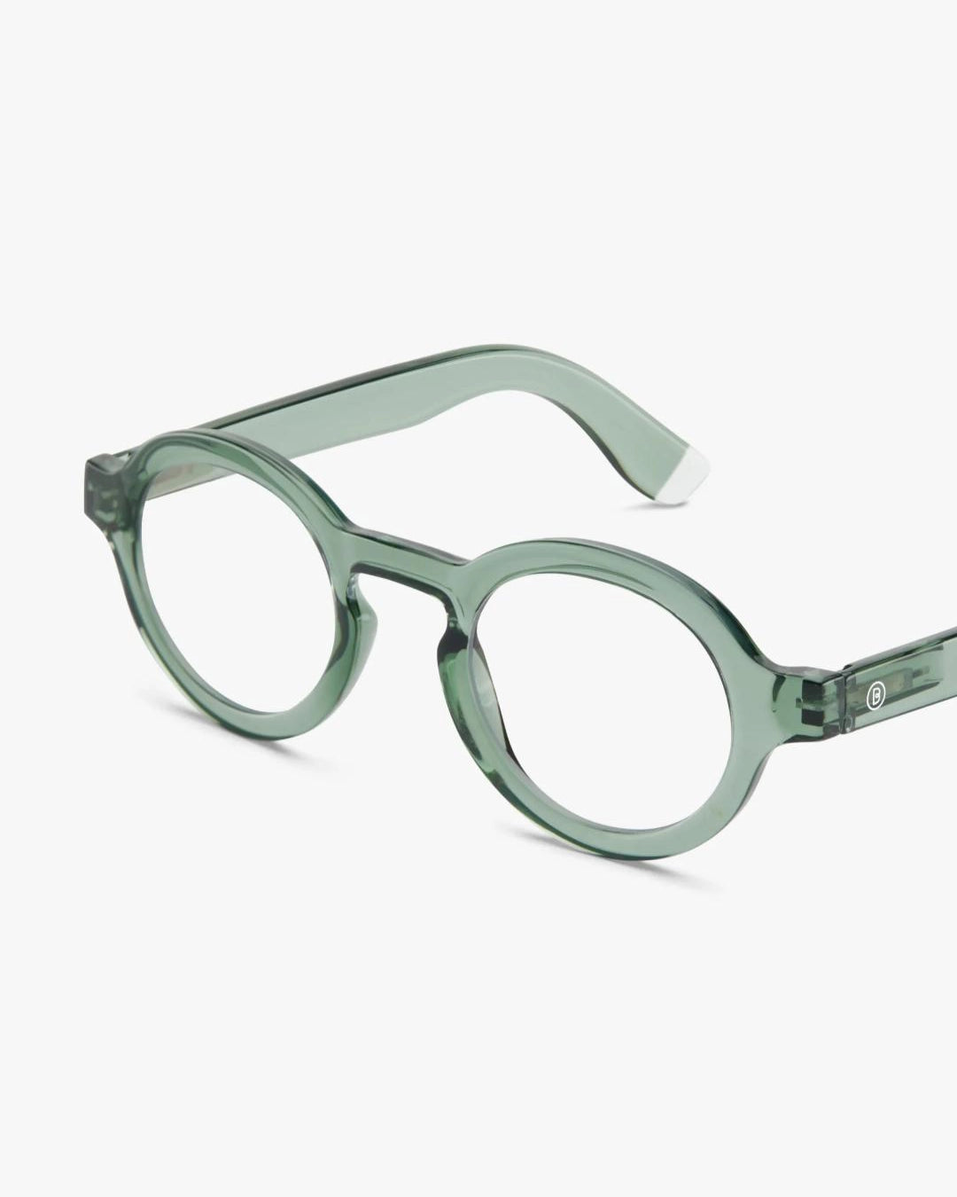 a pair of green round framed eyeglasses for blue light by Barner