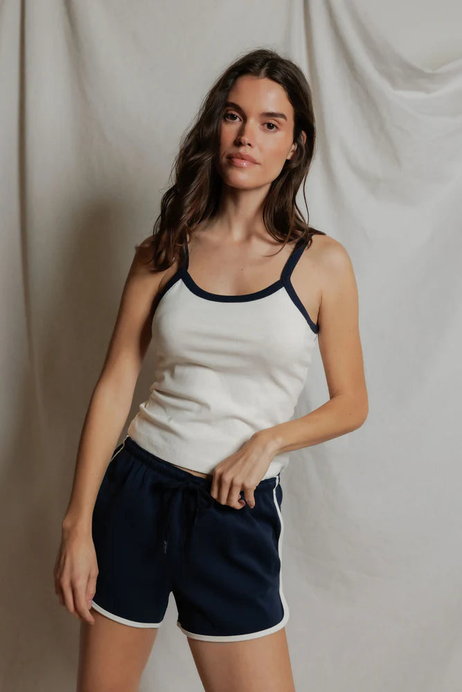 cream tank with contrast navy piping