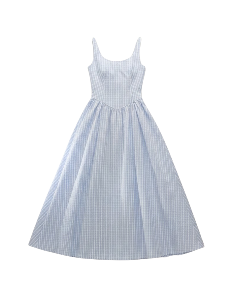 white and blue checked maxi dress