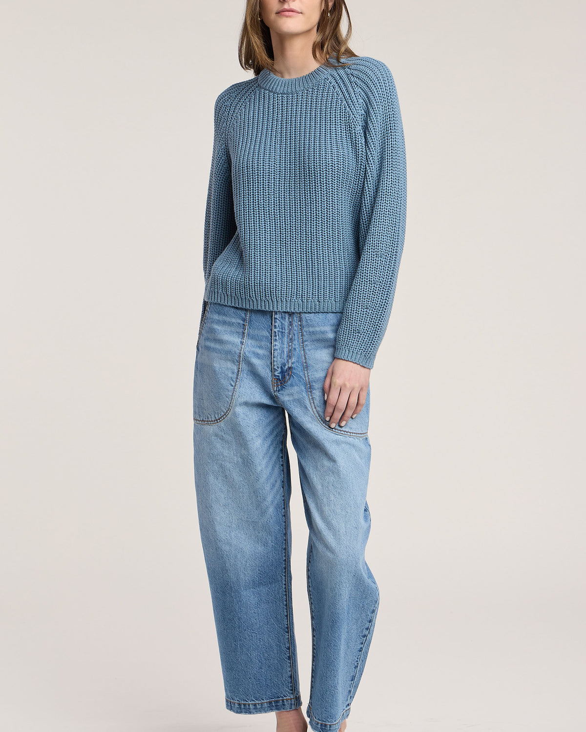 blue chunky knit sweater