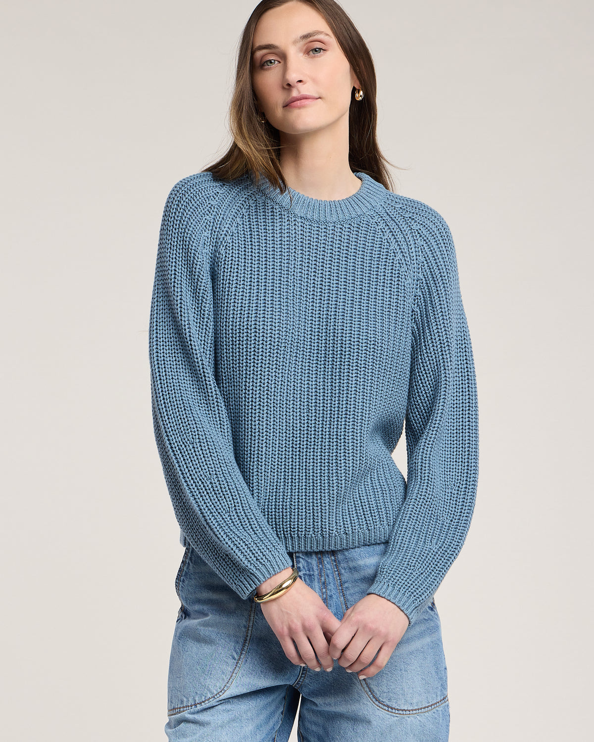 blue chunky knit sweater