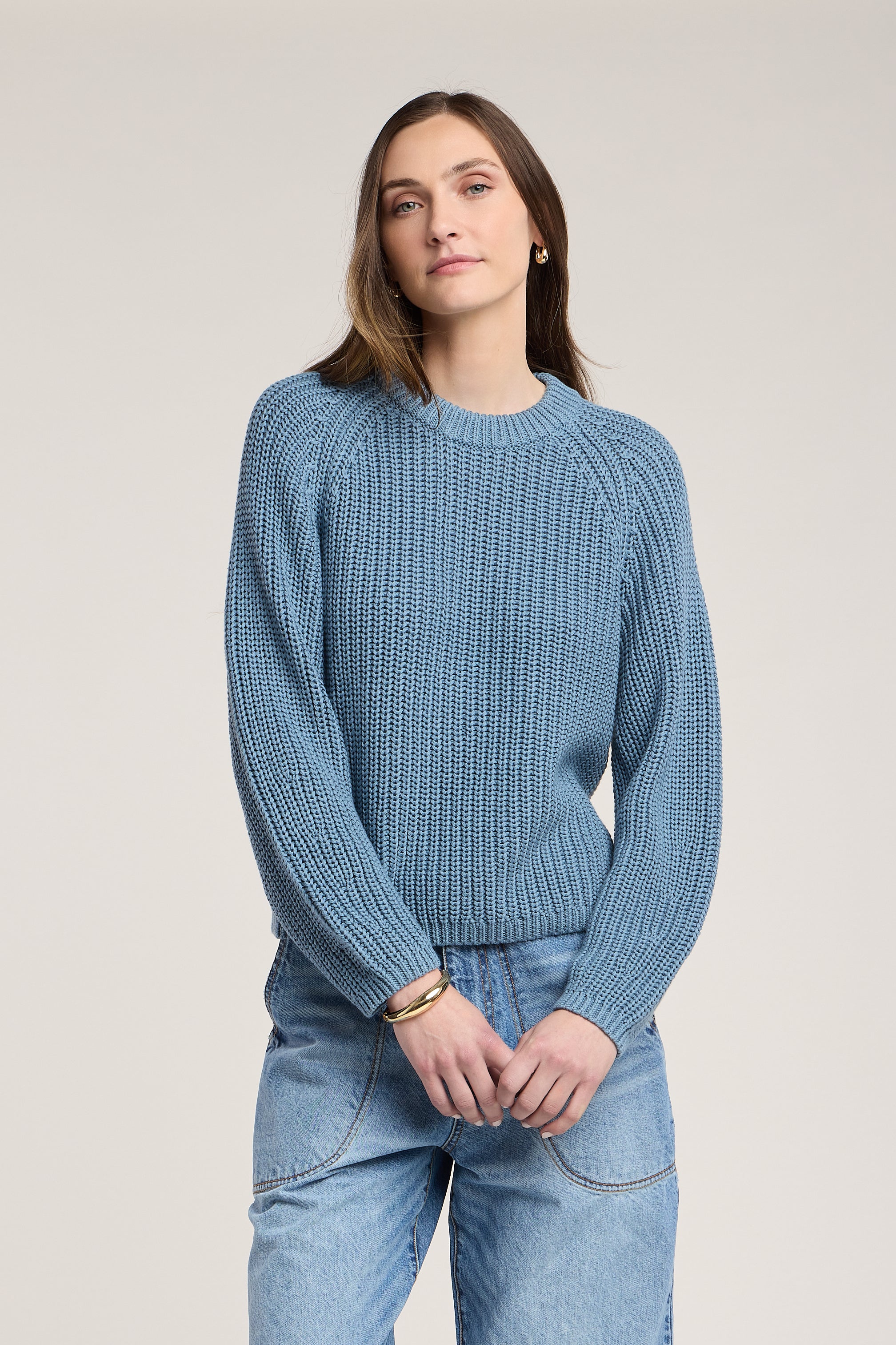 blue chunky knit sweater