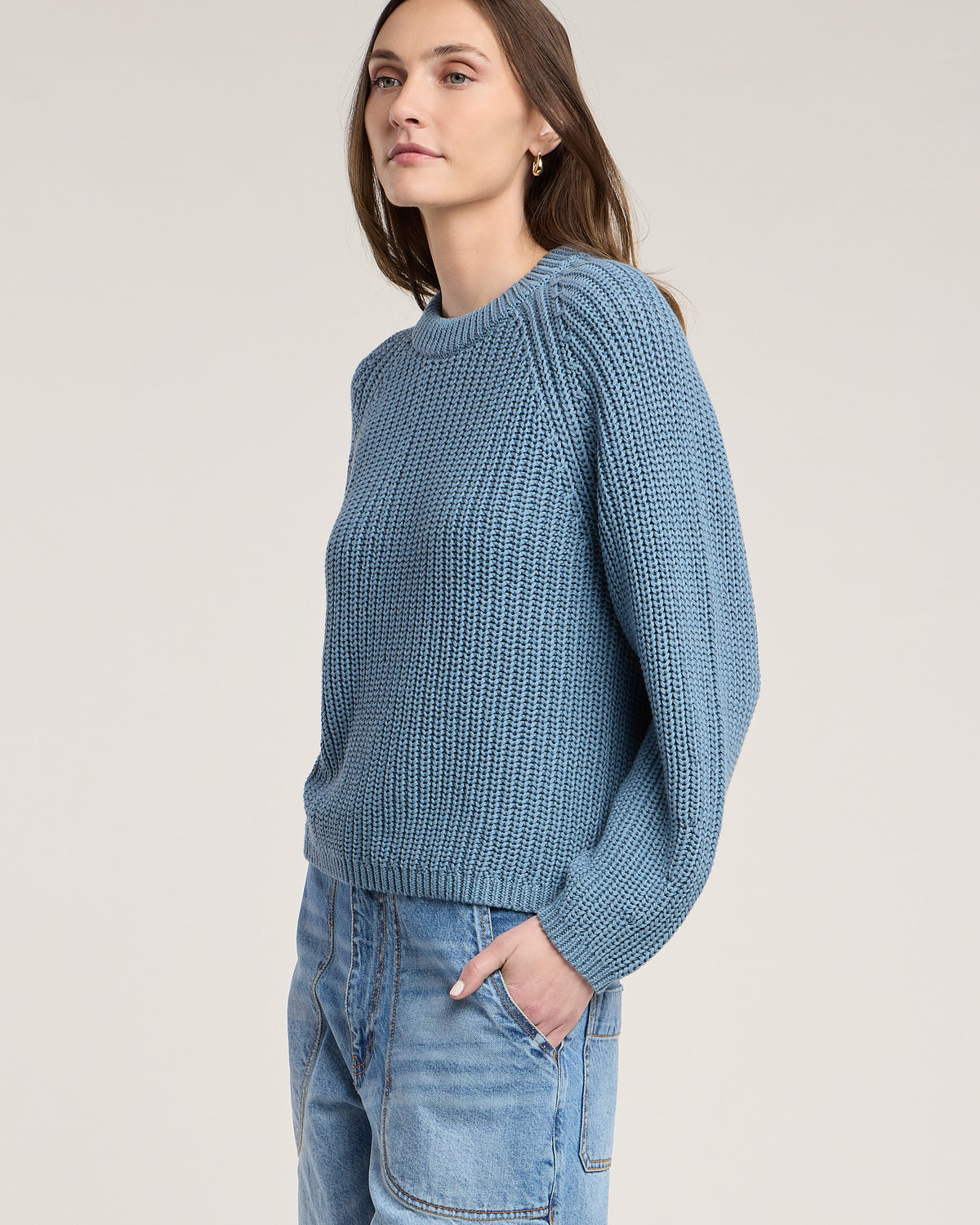 blue chunky knit sweater
