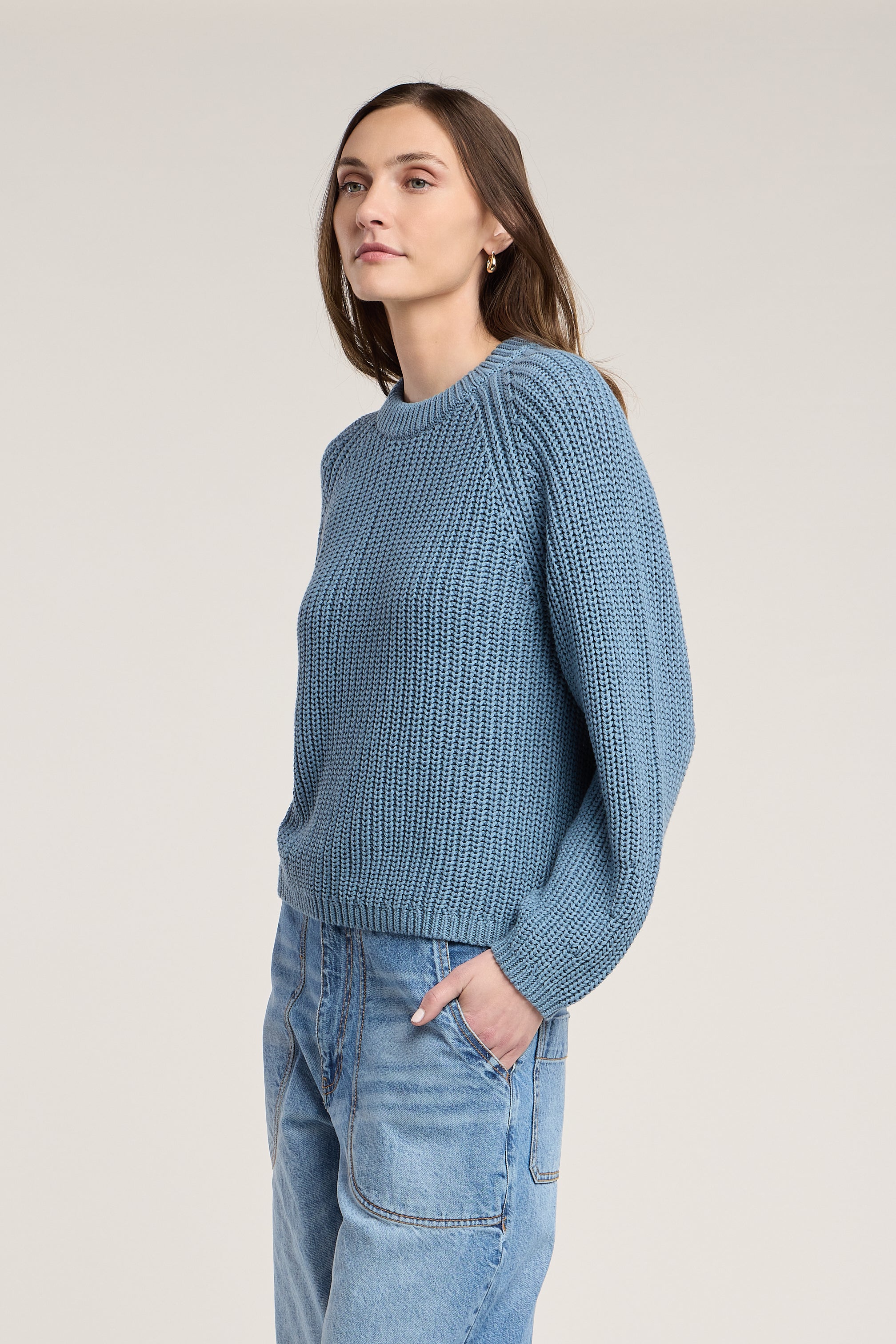 blue chunky knit sweater