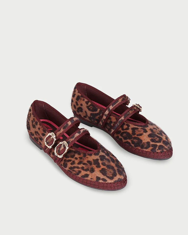 cheetah print flat shoe with burgundy trim