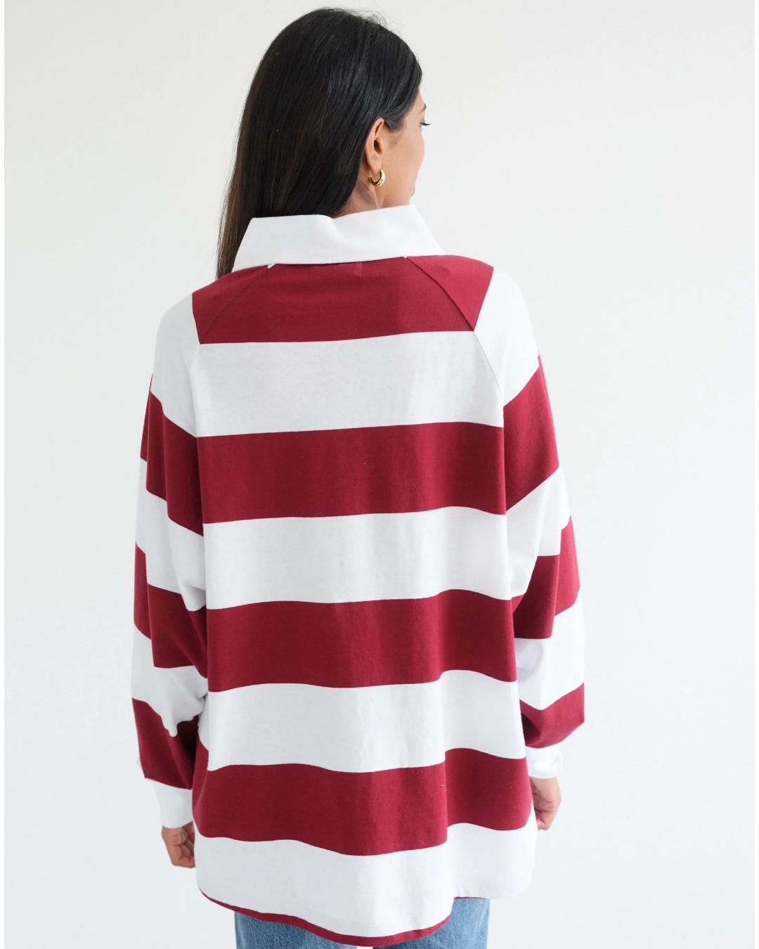 burgundy and white striped rugby shirt
