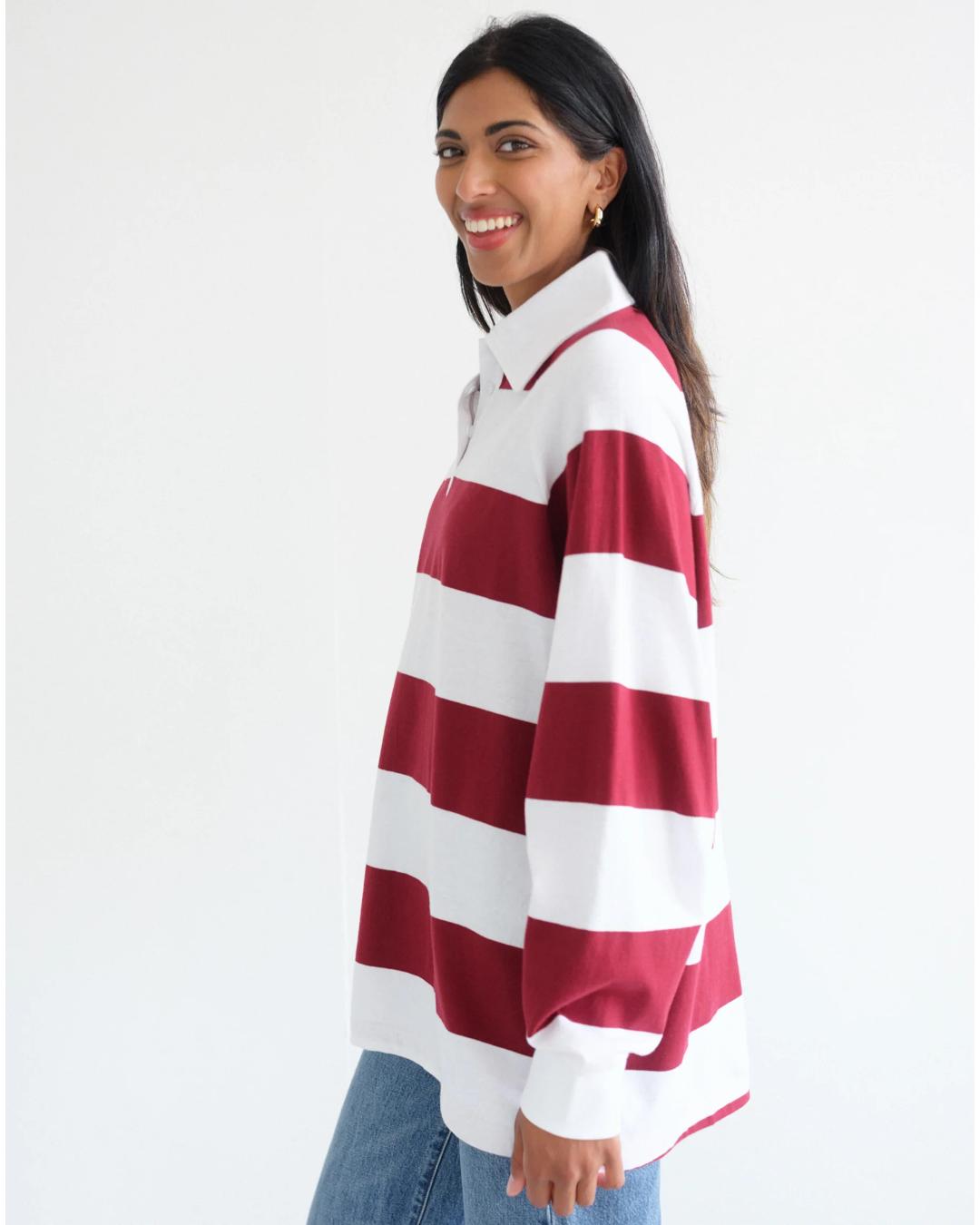 burgundy and white striped rugby shirt