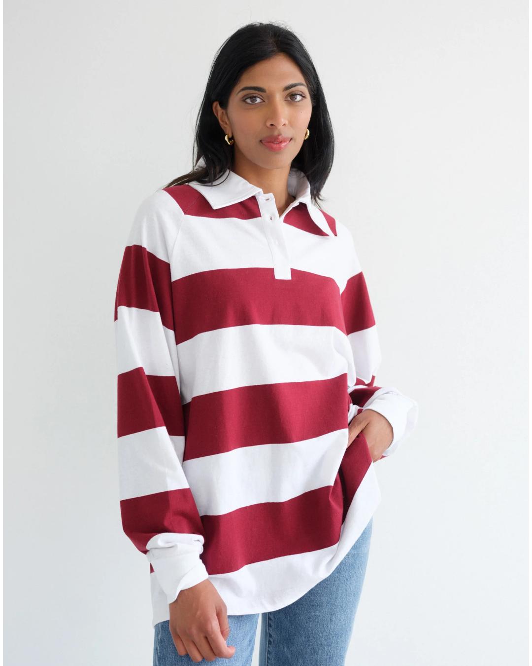 burgundy and white striped rugby shirt