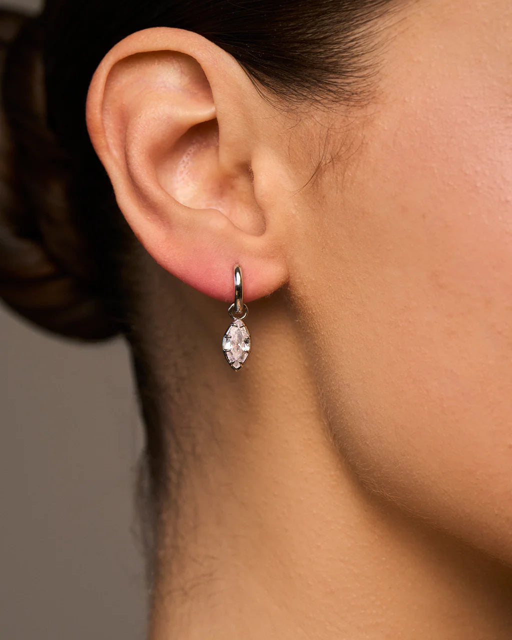 silver marquise huggie earring
