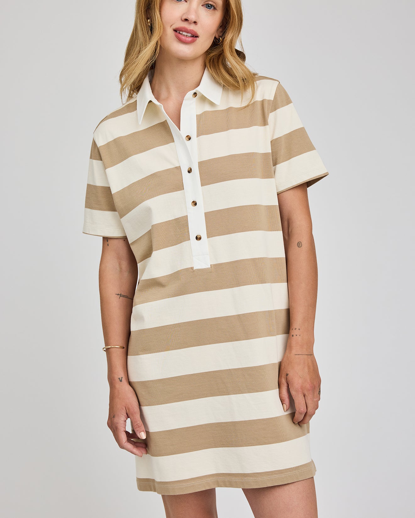 striped polo midi dress in white and khaki green