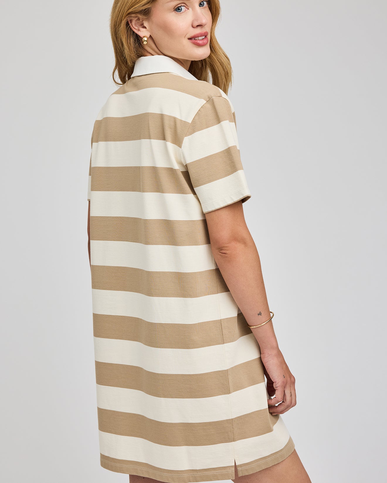 striped polo midi dress in white and khaki green