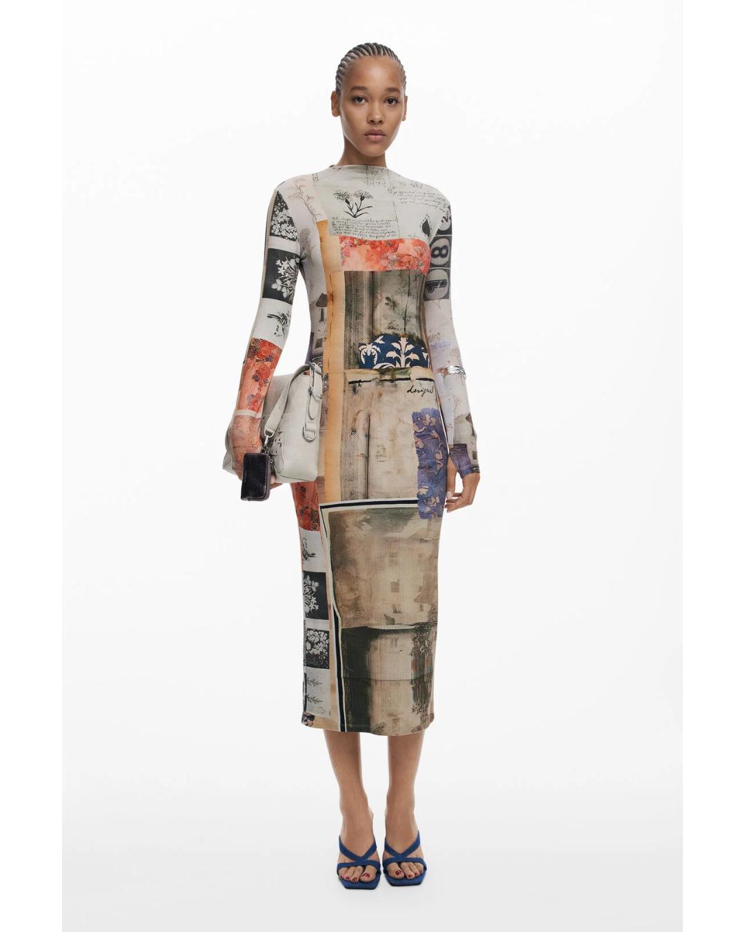 midi dress with collage pictures on it