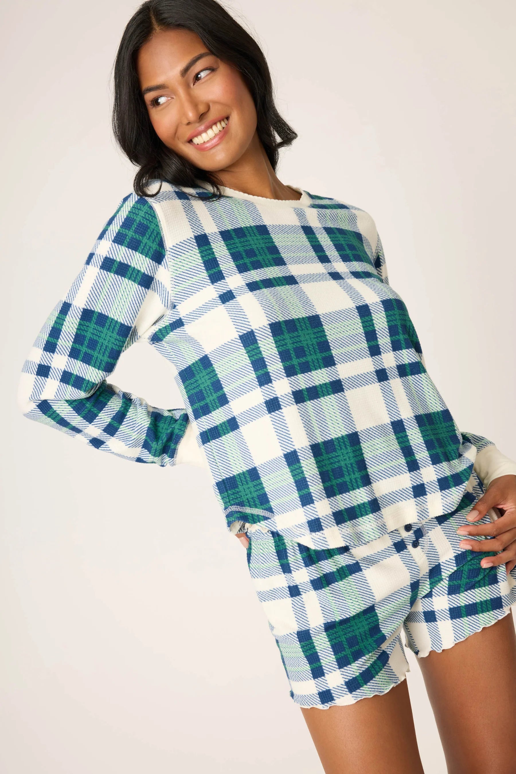 plaid lounge top in green, blue and white