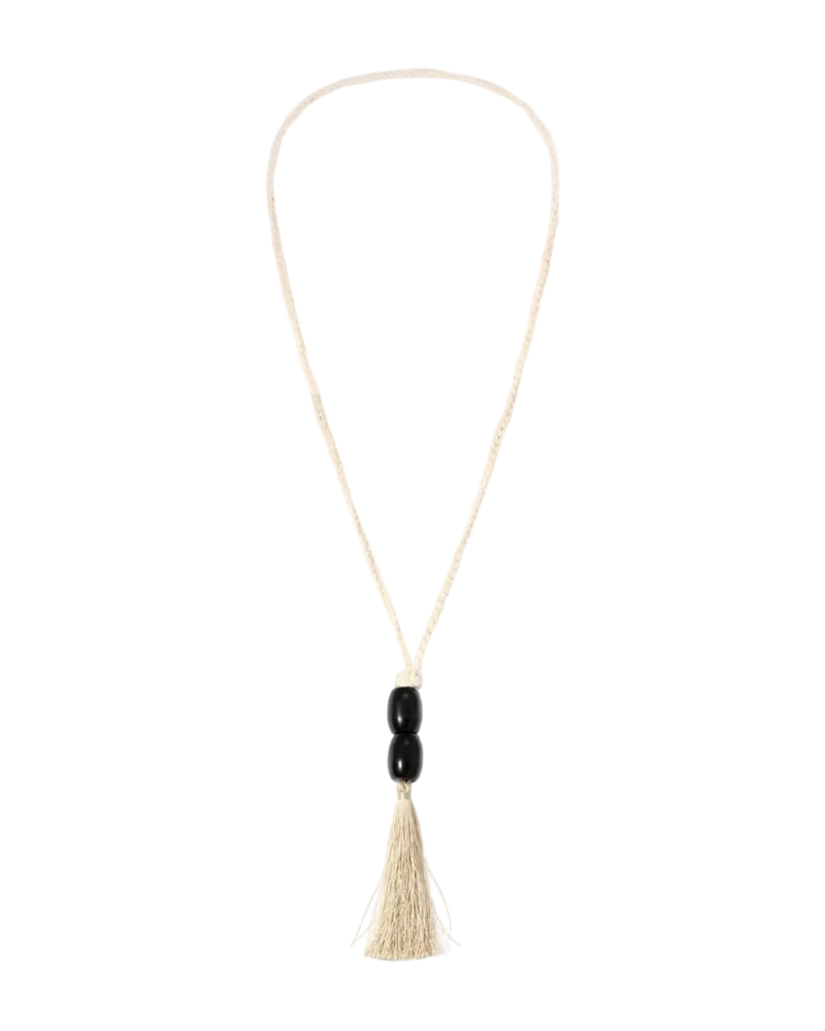 long white necklace with black beads and a tassel at the end