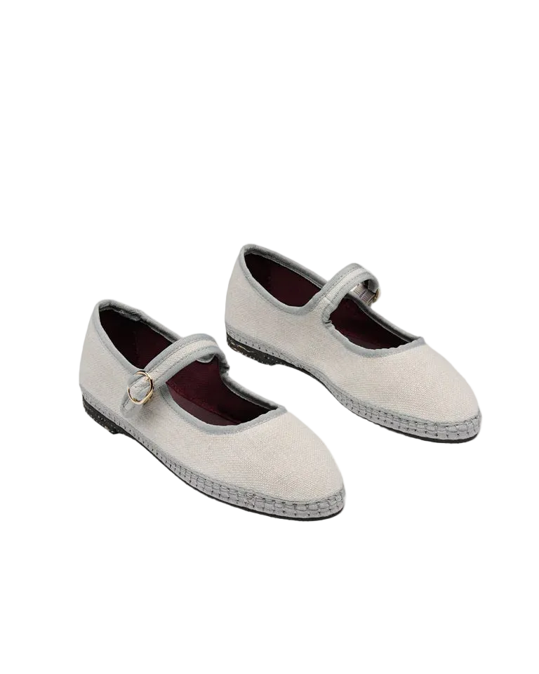 linen mary jane shoe in cream and grey piping