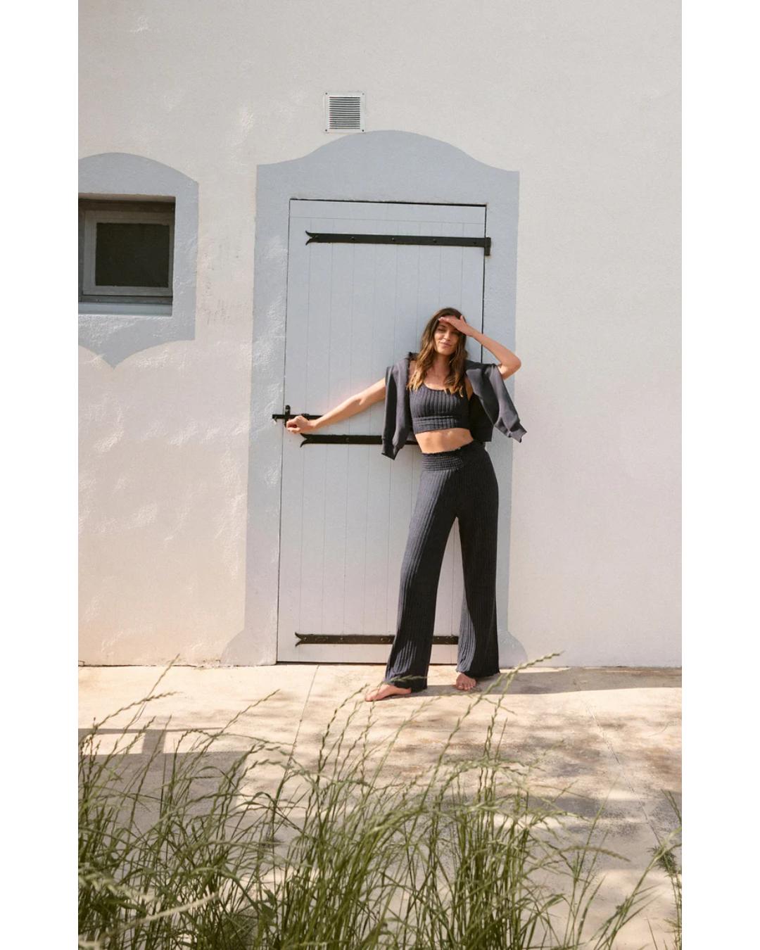 black ribbed wide leg lounge pant