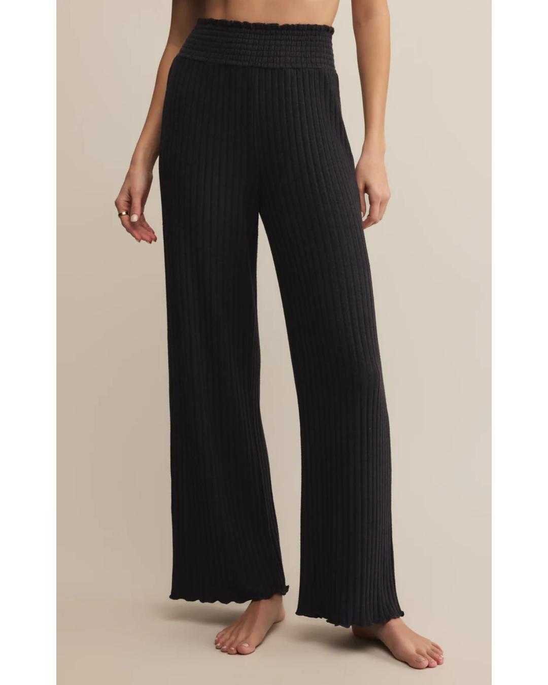 black ribbed wide leg lounge pant