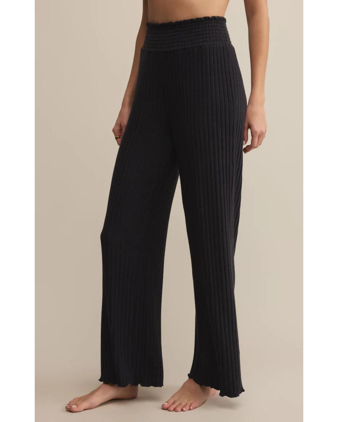 black ribbed wide leg lounge pant