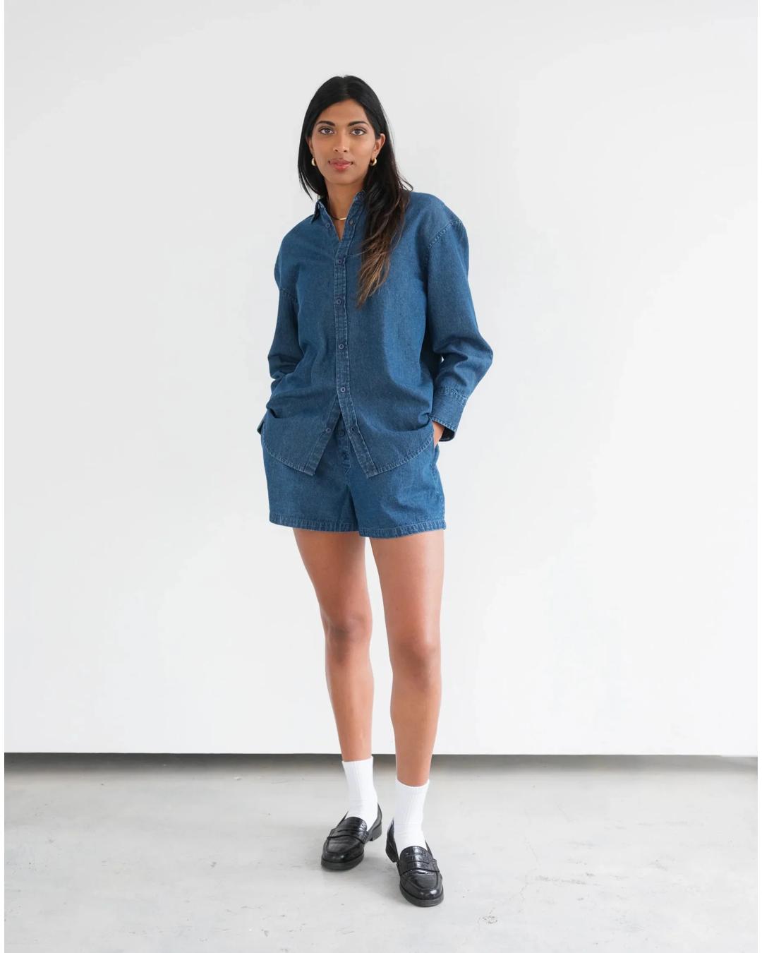 dark wash denim button up shirt