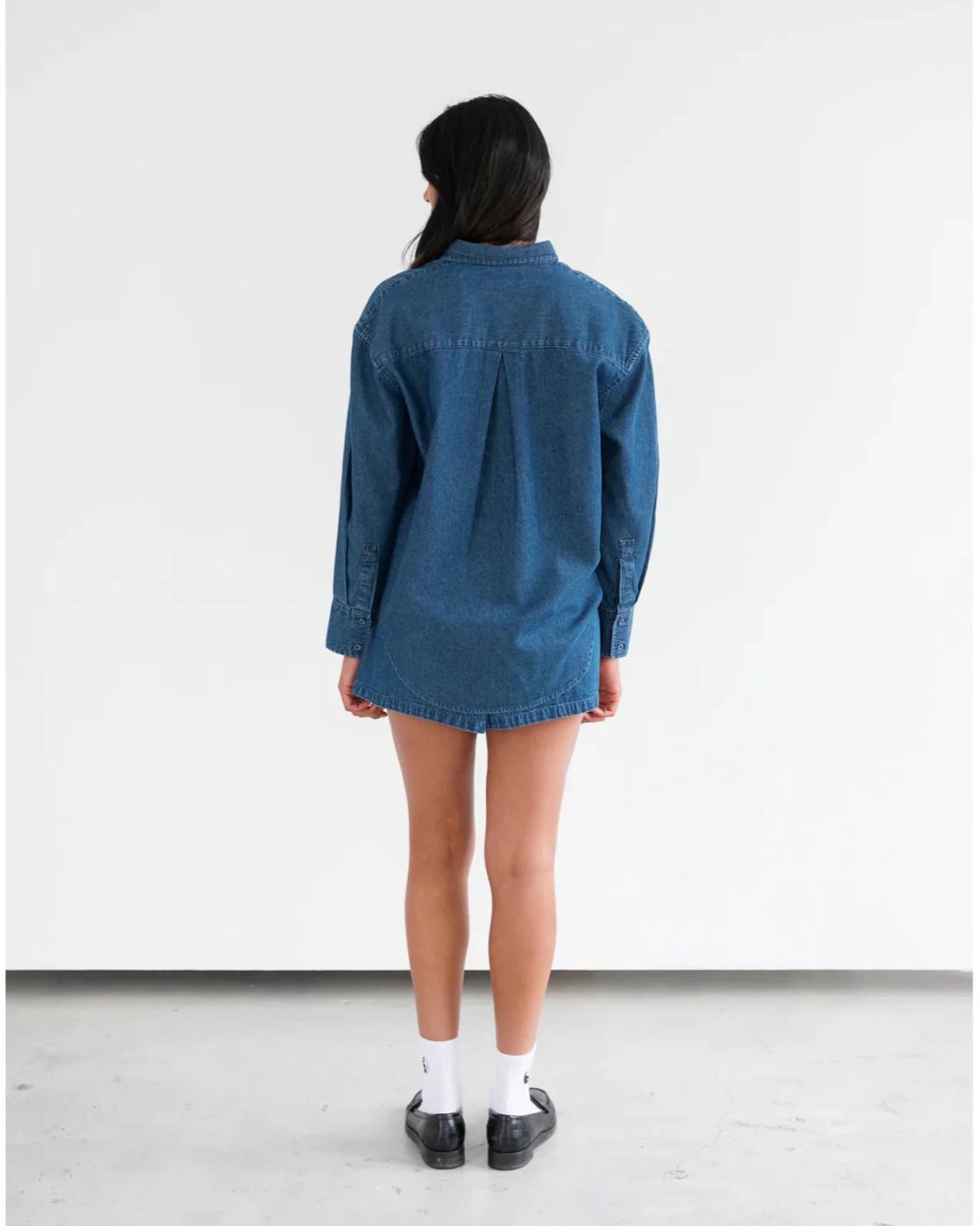 dark wash denim button up shirt