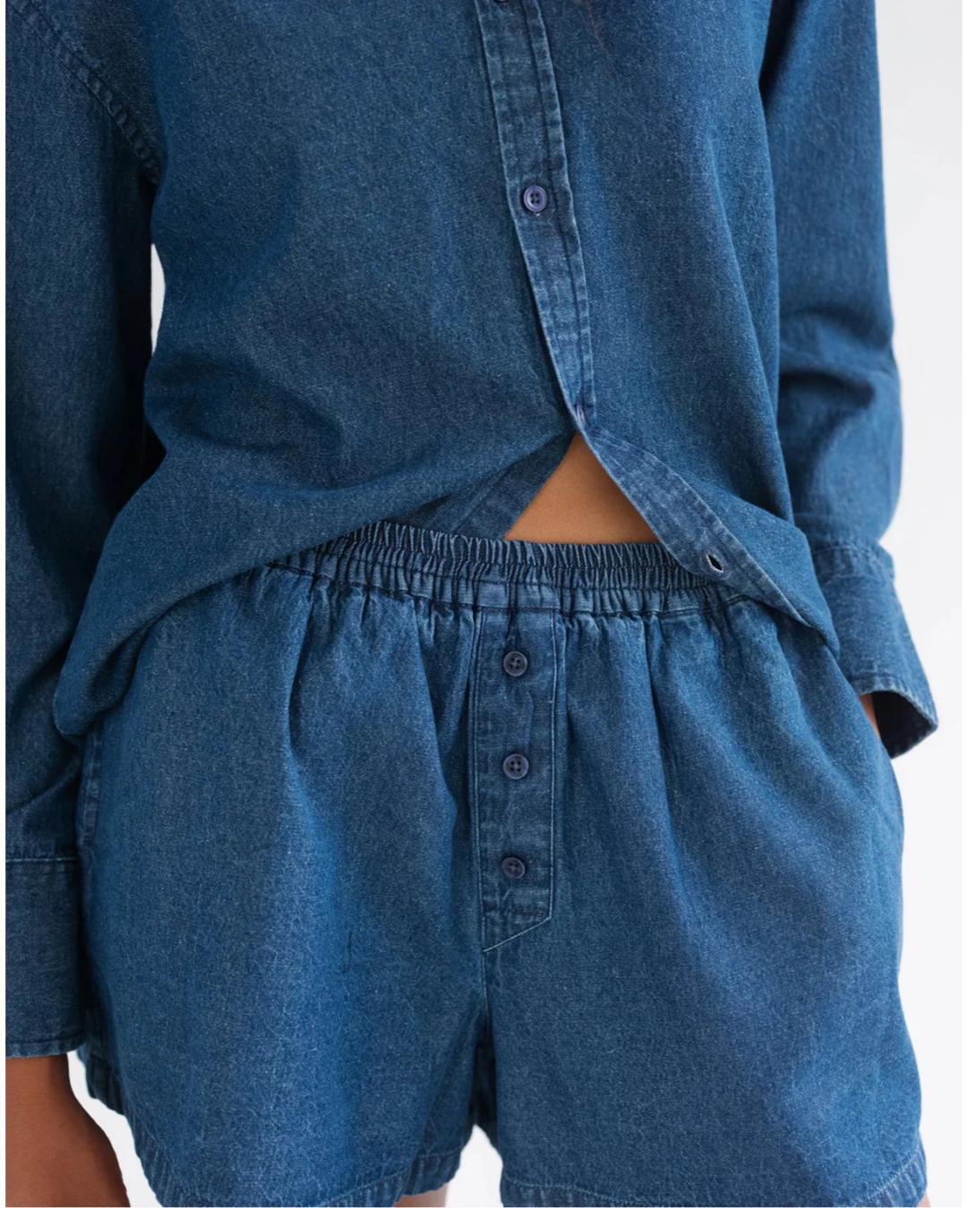 dark wash denim button up shirt