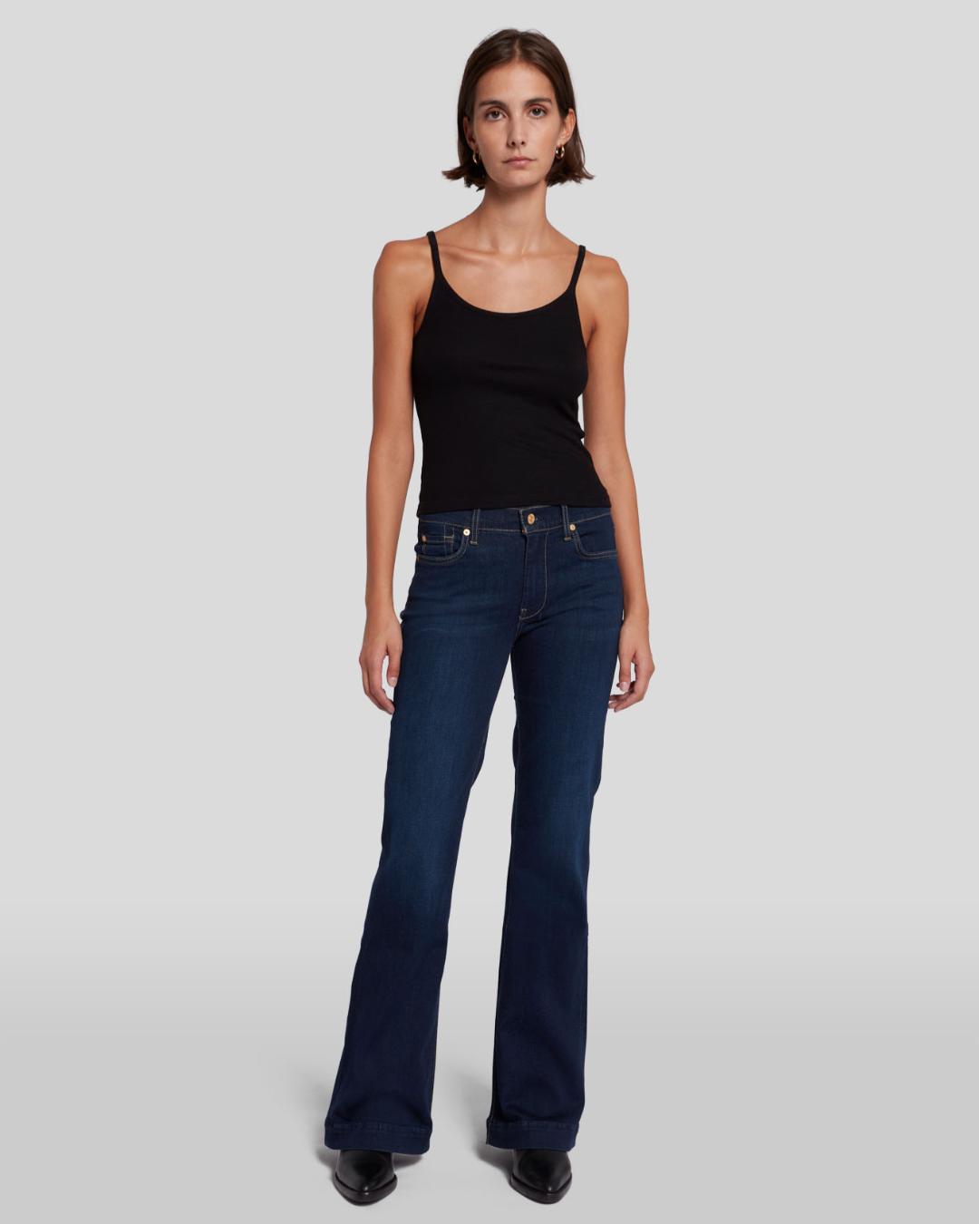 dark denim pant with a flare leg