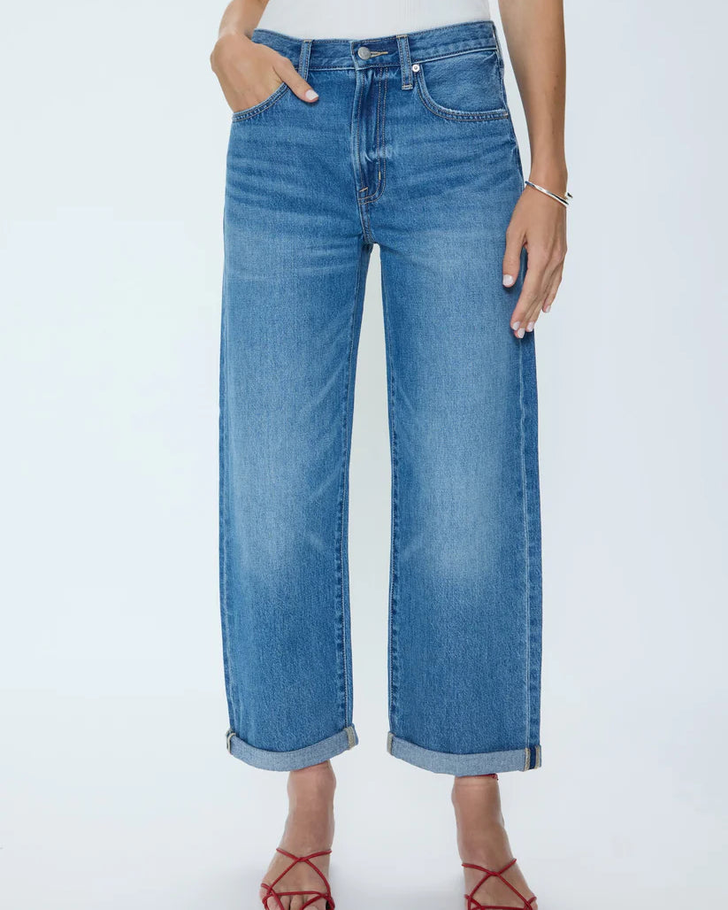 blue wide leg denim pant with a rolled hem