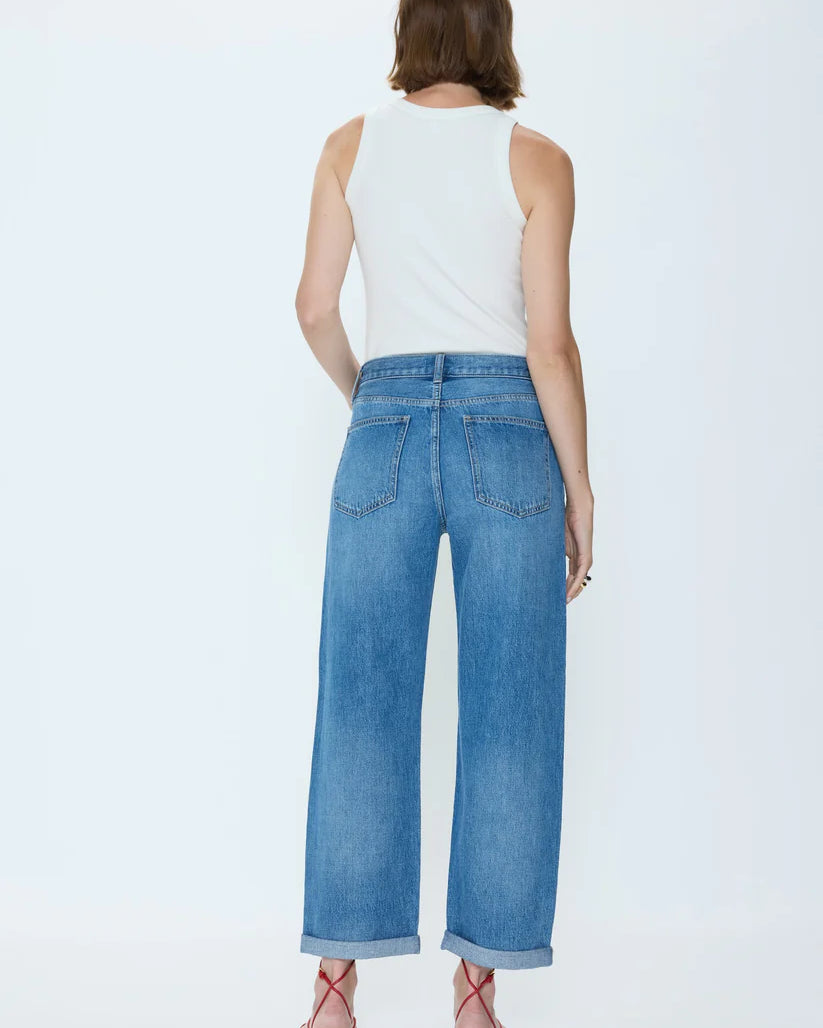 blue wide leg denim pant with a rolled hem