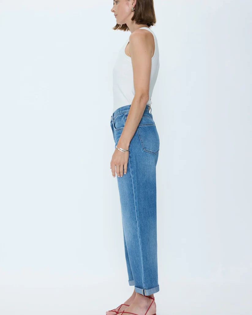 blue wide leg denim pant with a rolled hem