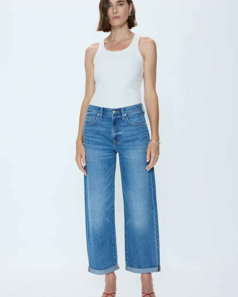 blue wide leg denim pant with a rolled hem