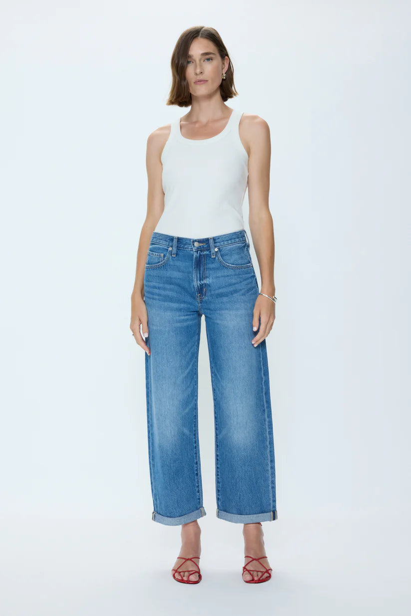 blue wide leg denim pant with a rolled hem